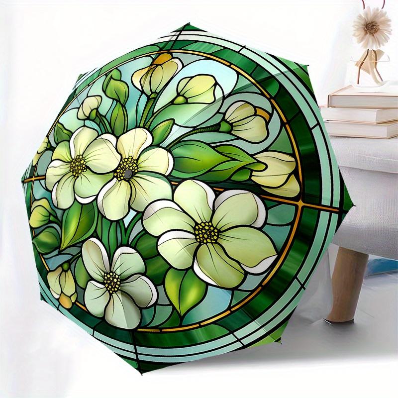 Stained Glass Window Panel with White Flowers - Circular Design for Home Decor Umbrella, Christmas Gift Y117