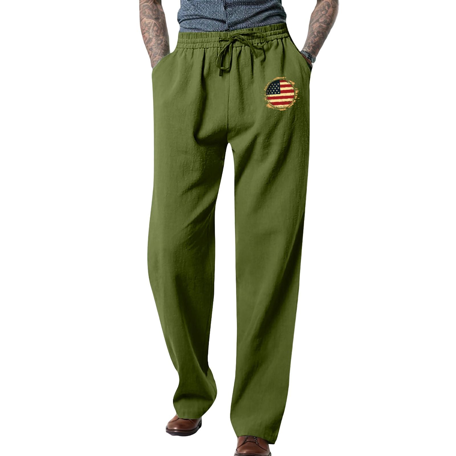 

Men s Loose Casual Cotton Linen Trousers Elastic Tie Printed Straight Pants XL зелений