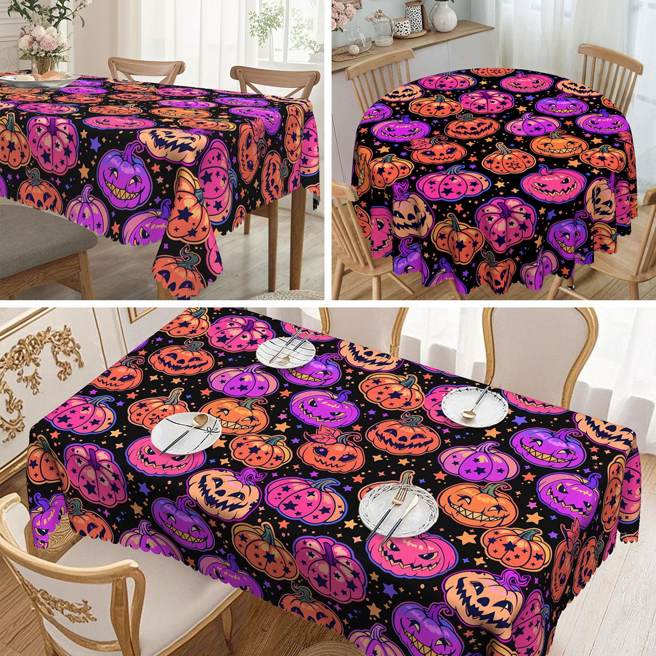 1 Piece, Halloween Pumpkin Pattern Tablecloth Purple, Orange And Black, Suitable For Round And Long Table Tables round tablecloth-152x152cm