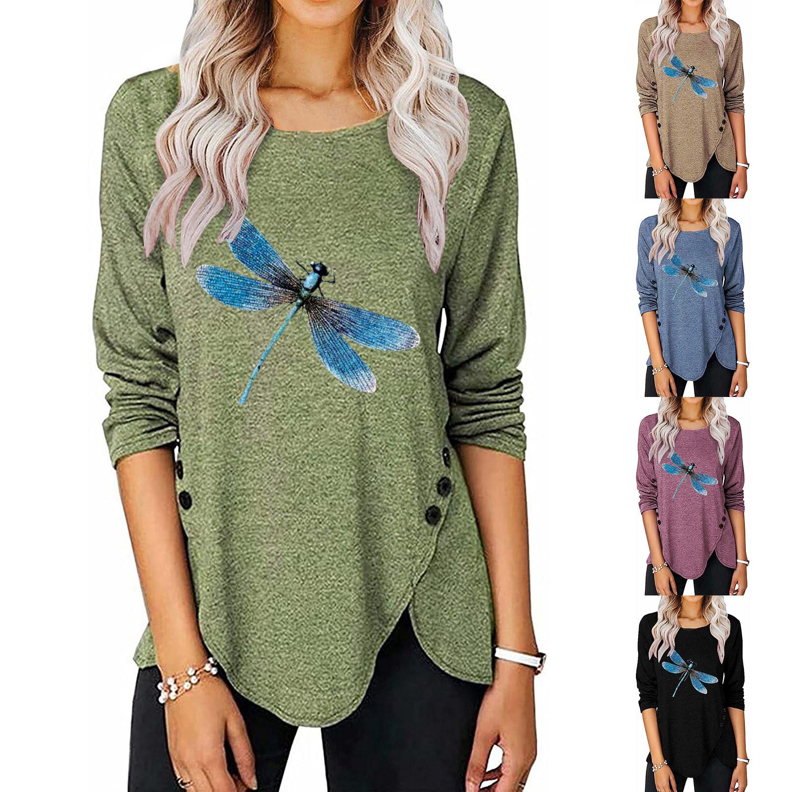 

Folulus Женская повседневная модная футболка с длинными рукавами и пуговицами с принтом, женский топ