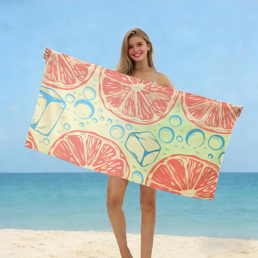 Tropical Lemon Graphic Beach Towel, Soft Microfiber Durable Sand Free, Home Decor Gift, Striped Lemon Print Oversized Bath Towel