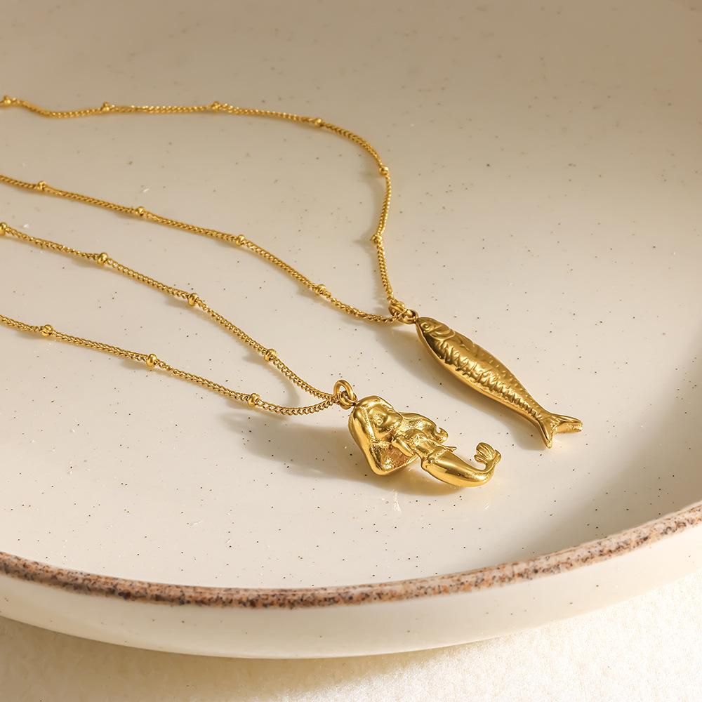 European and American Ins Ocean Wind Plated 18k Gold Mermaid Small Carp Pendant Necklace Women's Stainless Steel Creative Personalized Jewelry