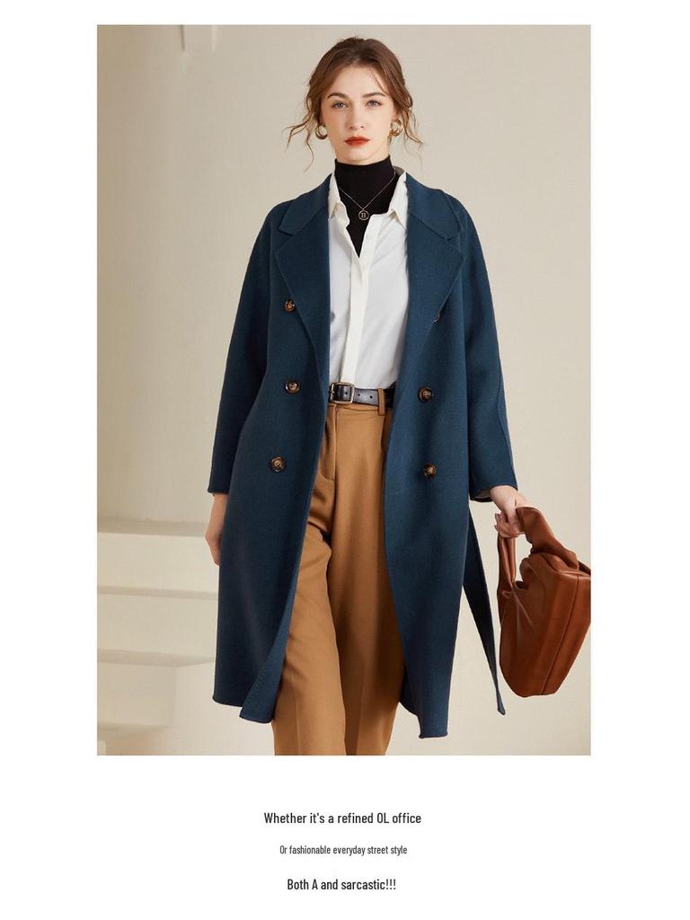 Women's Extra Long Double-Breasted Wool Coat with Tie Waist - Autumn/Winter Collection