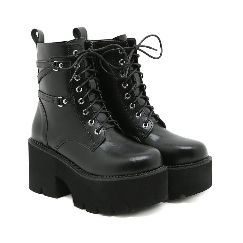 Fashion 2025 Mid Calf Boots Platform Goth Shoes Chunk Heels Black Leather Plus Size Side Zipper Rave Combat Boots for Women Lace Up