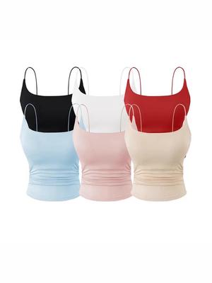 Women's Elastic Skinny Strap Camisole - Solid Color Basic Layer with Side Pleats