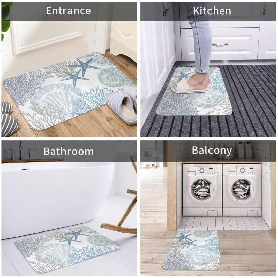 Coastal Beach Bath Mats for Bathroom,Nautical Ocean Seashells Starfish Absorbent Bath Rug Non-Slip Floor Rug Carpets Door Mat Washable Area Rugs for