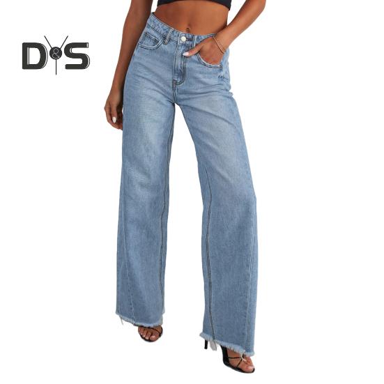 Damen Stretch-Jeanshose mit hoher Taille und weitem Bein, lässige Jeanshose mit geradem Bein, ausgefranstem Saum und Taschen