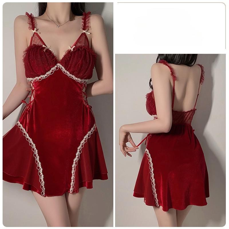 

Large Size Women’s Soft Velvet and Mesh Nightdress Deep V Backless Spaghetti Strap Chemise with Padded Cups XXXL вина червоного кольору