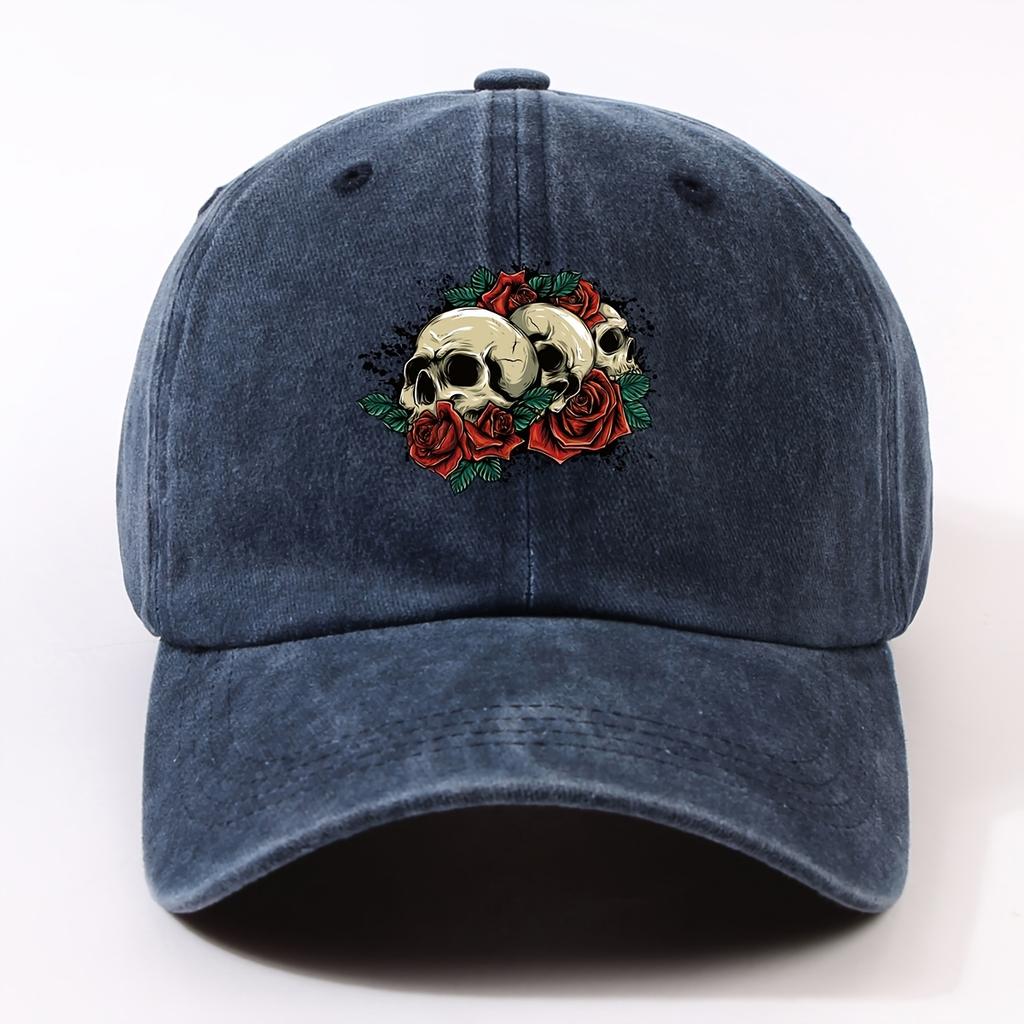 A Trendy Baseball Cap Featuring a HipHop Style Skull And Rose Pattern Suitable for Both Men And Women Perfect for Outdoor