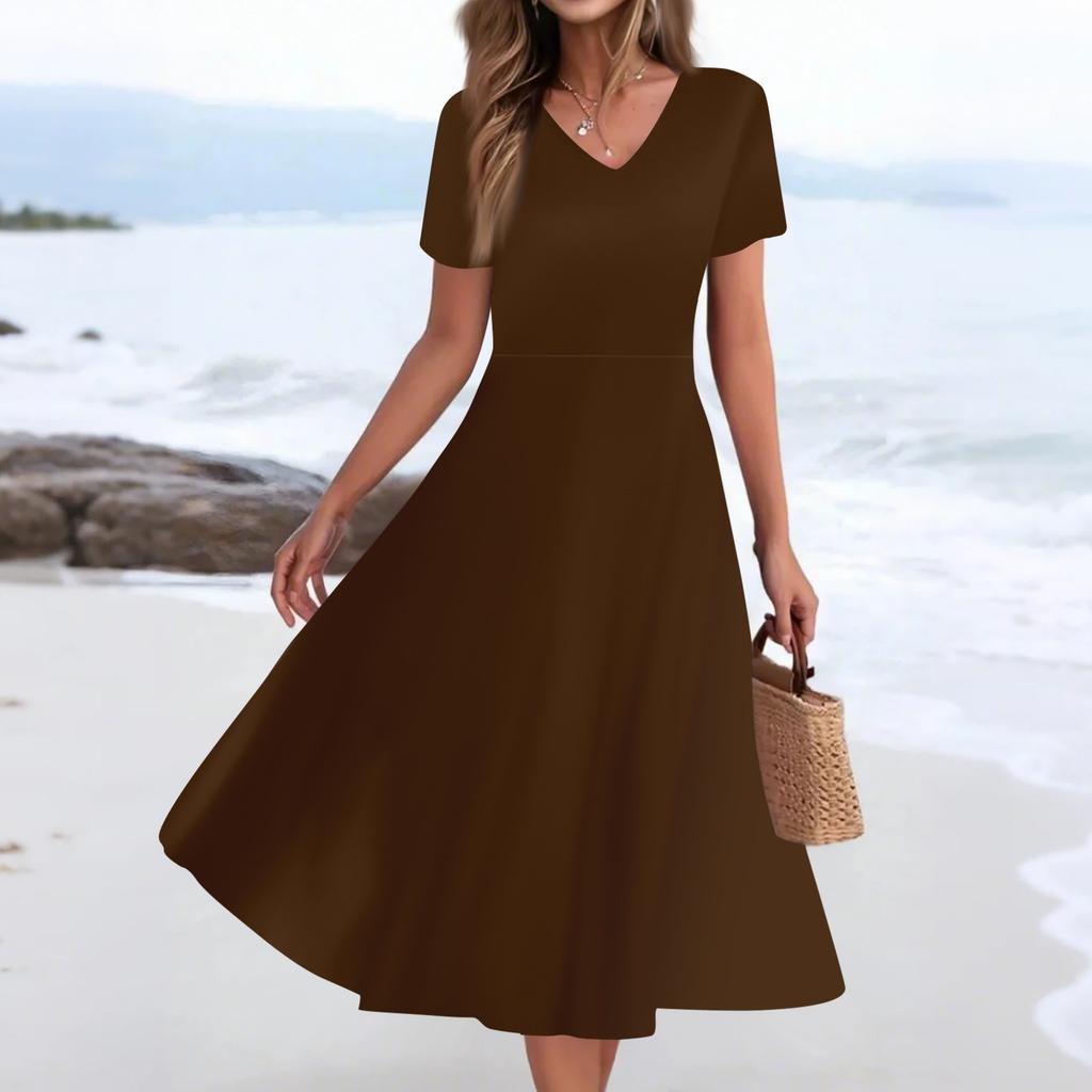 Dámské letní ležérní módní potištěné kapsy s krátkým rukávem V-výstřih volné šaty