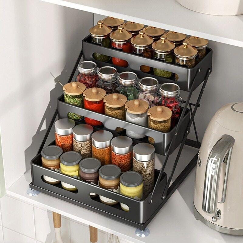 Kitchen Bottle and Jar Shelf, 3 Level Storage Rack with Height Change Support and Grip Feet for Cabinet or Sink Side