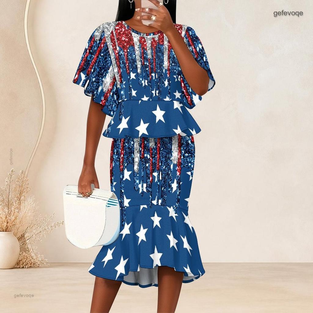 Women Plus Size Camo Printed O Neck Batwing Sleeve Ruffle Hem Top Fishtail Skirt Two Piece Set
