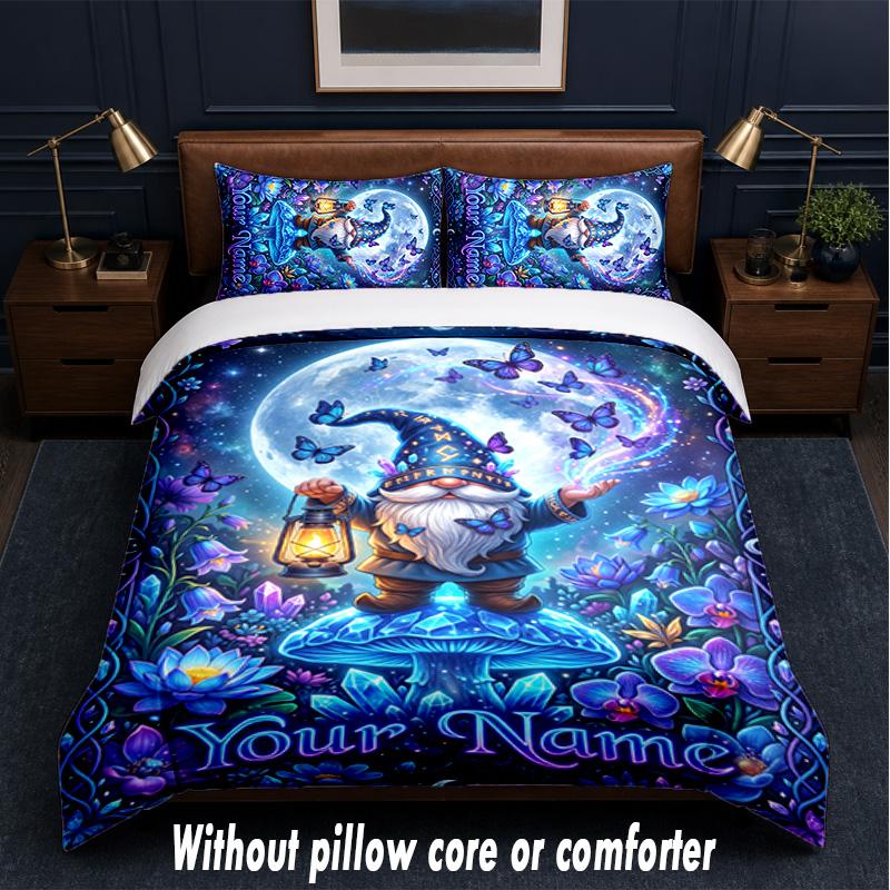 Gnome Theme Custom Text Or Name 3Pcs Bedding Set,1 Flat Sheet & 2 Pillowcases Personalized Home Bedding