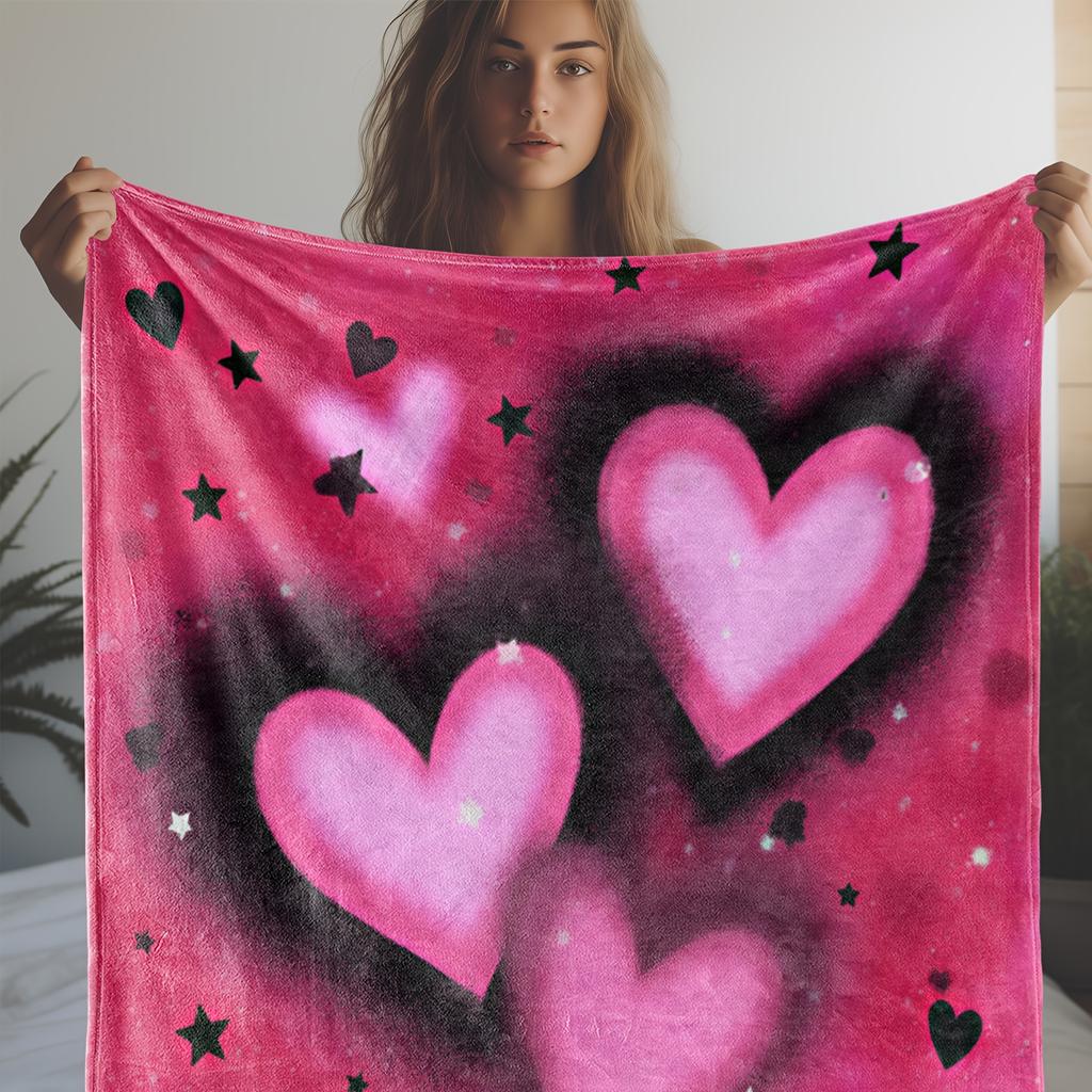 1pc Flannel Blanket - Soft Pink Hearts & Stars Print Throw - All-Season Cozy Warmth for Couch, Bed, Travel, Camping - Luxury Hom