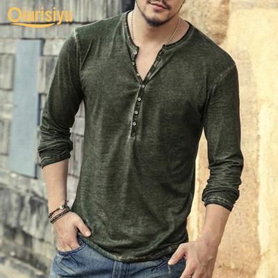 T-shirt da uomo tinta unita casual con scollo a V e bottoni sottili