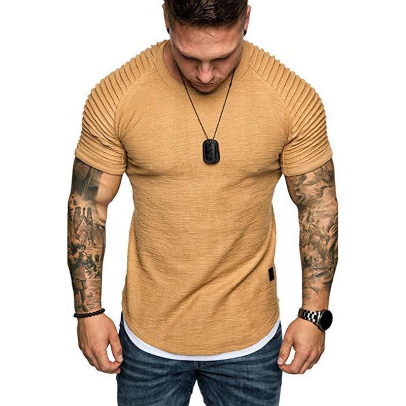 European & American Men's Slim Fit Crew Neck Pleated T-Shirt - Solid Color, Casual Short Sleeve