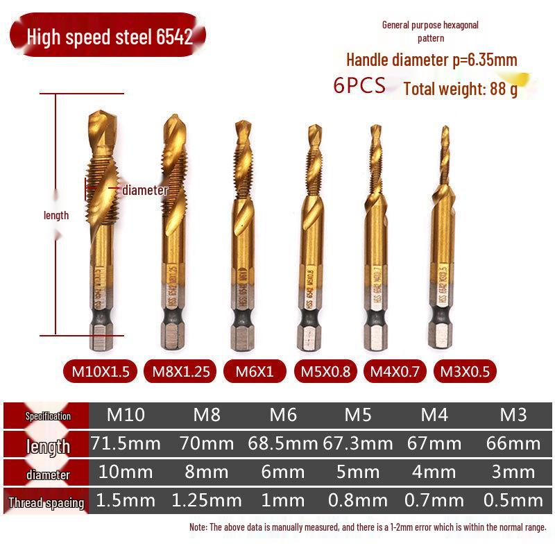 Titanium-Plated Hex Shank 6542 Composite Tap for Screw Machines: Hole Opening, Tapping, Chamfering