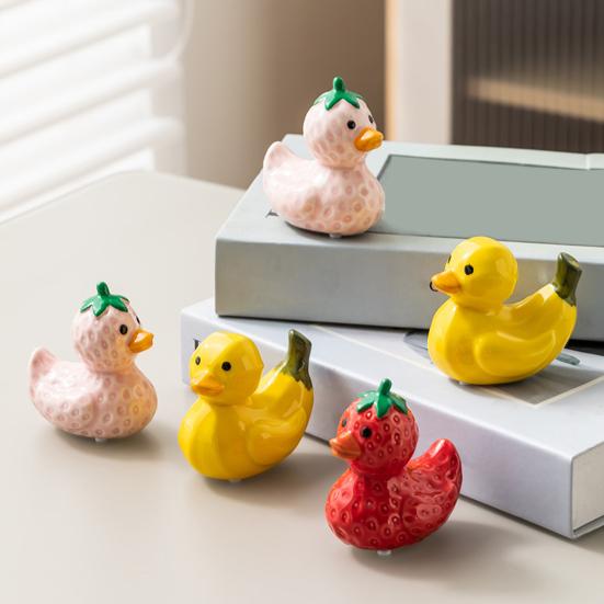 Whimsical Duck Statue for Office Ceramic Fruit Figurine, Cute Strawberry & Banana Decor Statue, Creative Desktop Home Bedroom Gift Friends
