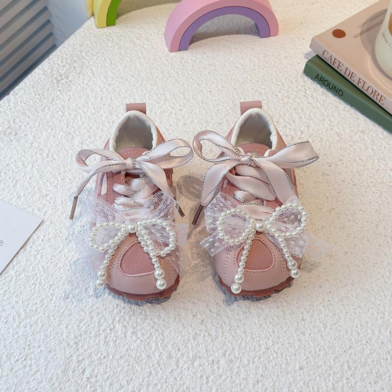Girls casual fashion pearl bow sneakers 2025 spring and summer new puff shoes breathable lightweight board shoes tide