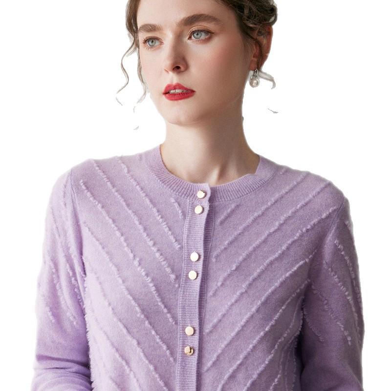 Women's Cashmere Terry Loop Cardigan - Autumn/Winter 2026 Round Neck Wool Knit Sweater, Versatile Outerwear.