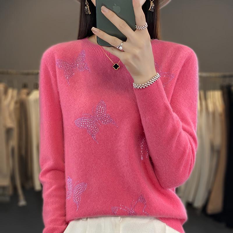 Butterfly Rhinestone Crew Neck Casual Spring Sweater for Women