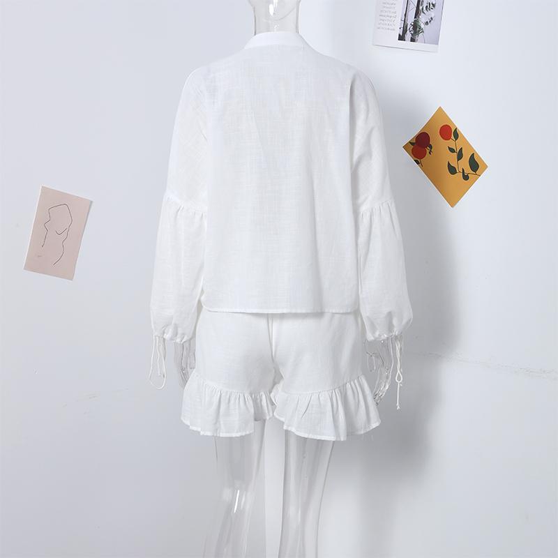 Damen-Shorts-Set aus Baumwolle und Leinen, einfarbig, lockerer V-Ausschnitt, Laternenärmel, Schnürhemd, Shorts mit elastischer Taille, Harajuku, täglicher zweiteiliger Sommer