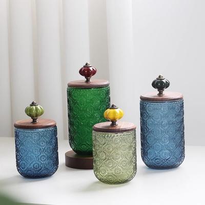 European Glass Wool Floss Storage Box Color Embossed Candy Snack Nut Herb Sealed Jar Kitchen Container Creative Garlic Glass Jar