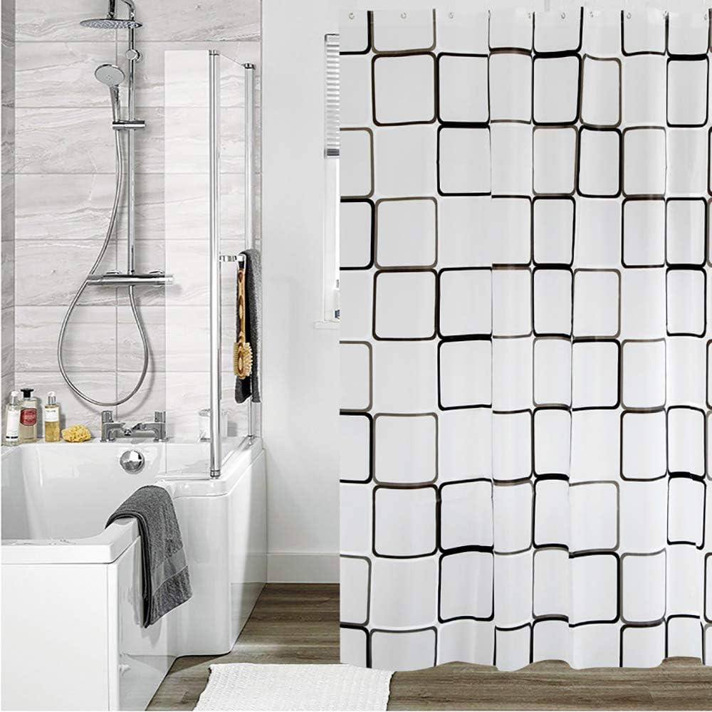 1pc Checked Waterproof Shower Curtain with Metal Grommets & Plastic Hooks, Semi-ransparent Plastic Bath Curtain for Bathroom