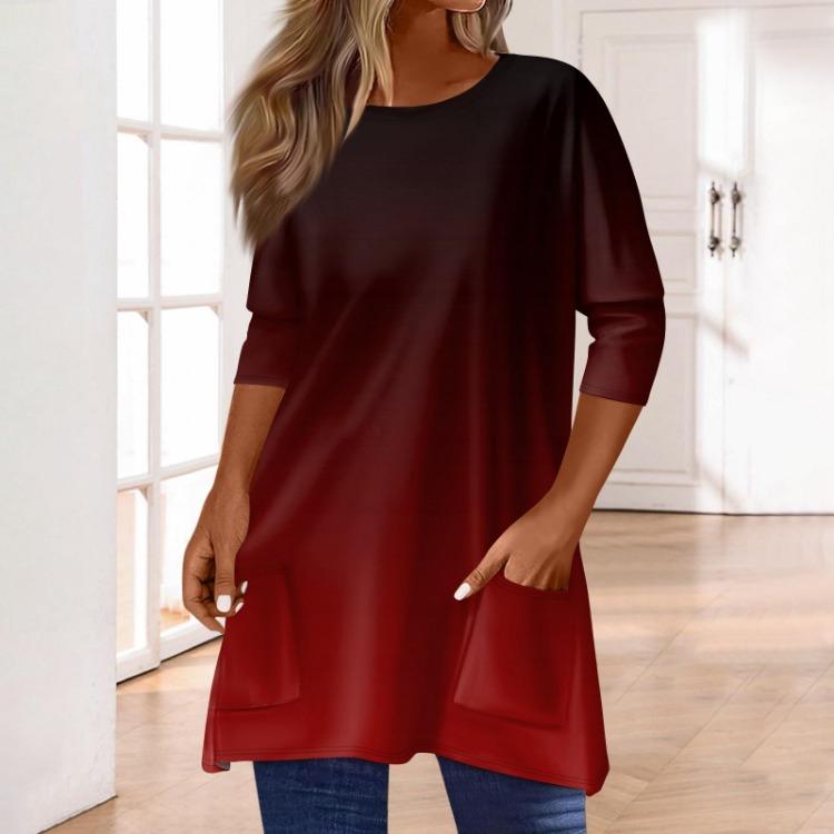 Women 3/4 Sleeve Round Neck T Shirt Casual Print Blouse Pullover Tops with Pocket Mid Length