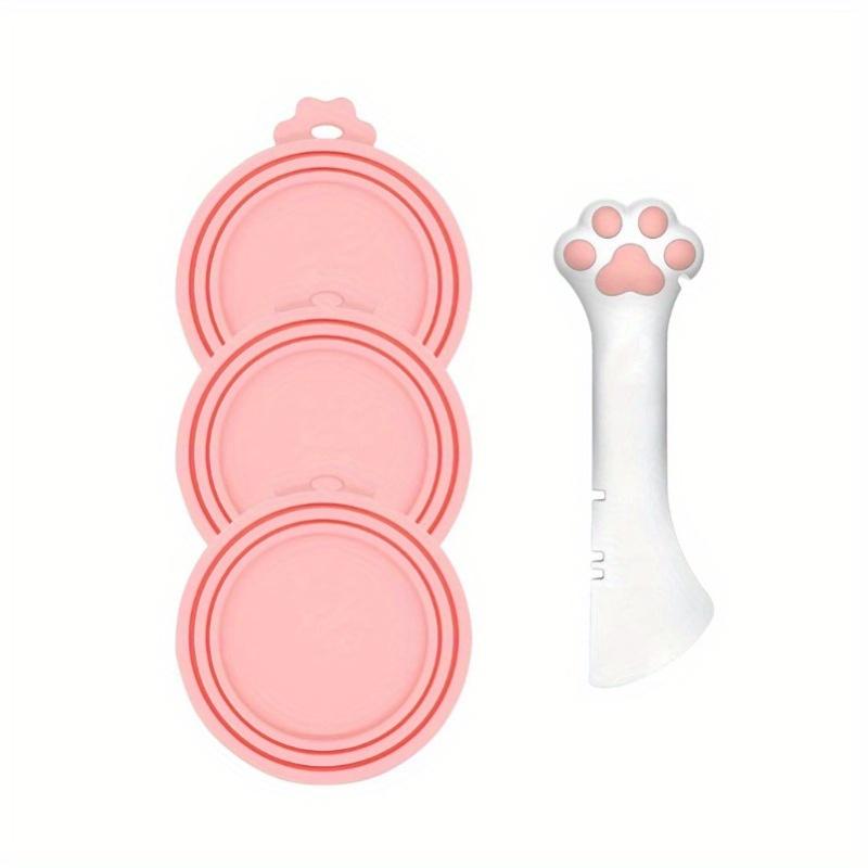 

3 шт. крышек для банок с кормом для домашних животных с 1 ложкой, универсальные силиконовые крышки и ложка для банок для собак и кошек розовый