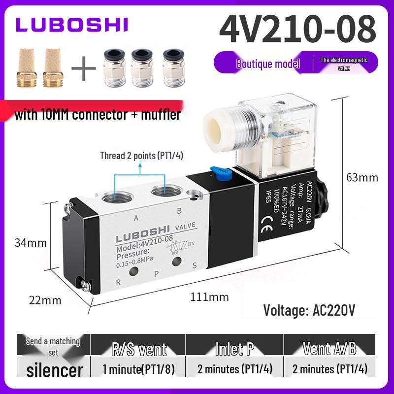 220V Pneumatický solenoidový ventil 4V410-15: 8mm Konektor, 2-polohový 5cestný řídicí ventil pro válec, 24V Směrový pneumatický ventil.