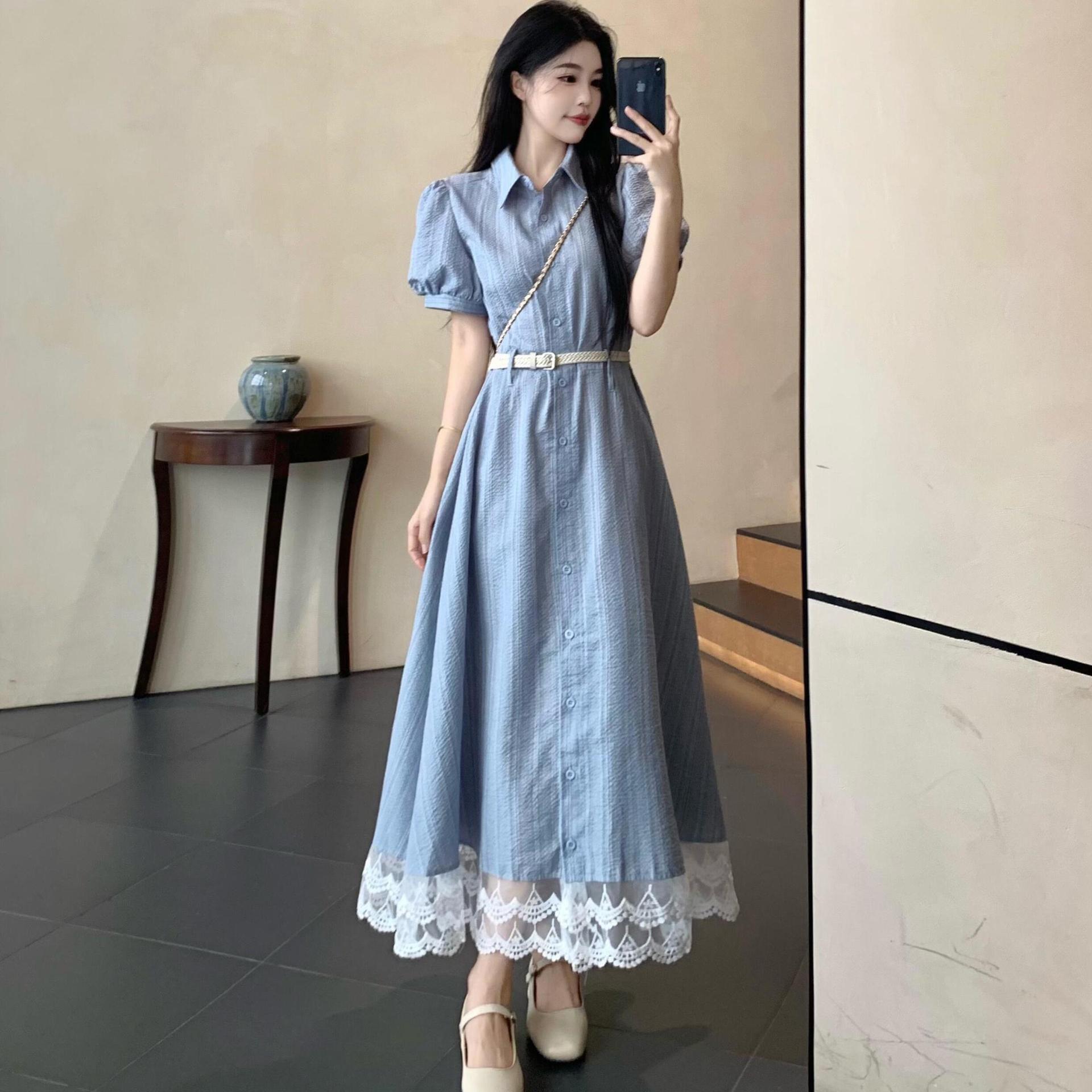

Lace Trim Plus Size French Patchwork Dress - Flattering, Slimming Mid-Length Skirt for Summer M (80-100 lbs)