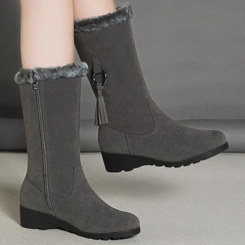 High Boots Women Warm Plush Suede Ladies Long Boots Comfortable Winter Female Wedge Cotton Shoes Mid-calf Fur