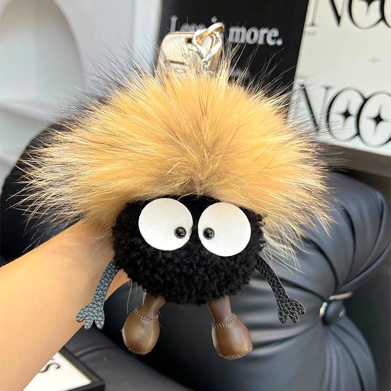 15cm Cute Cartoon Wool Small Coal Ball Car Keychain Real Raccoon Fur Pendant Elf Plush Ball Bag Pendant Hobby Collection Gift