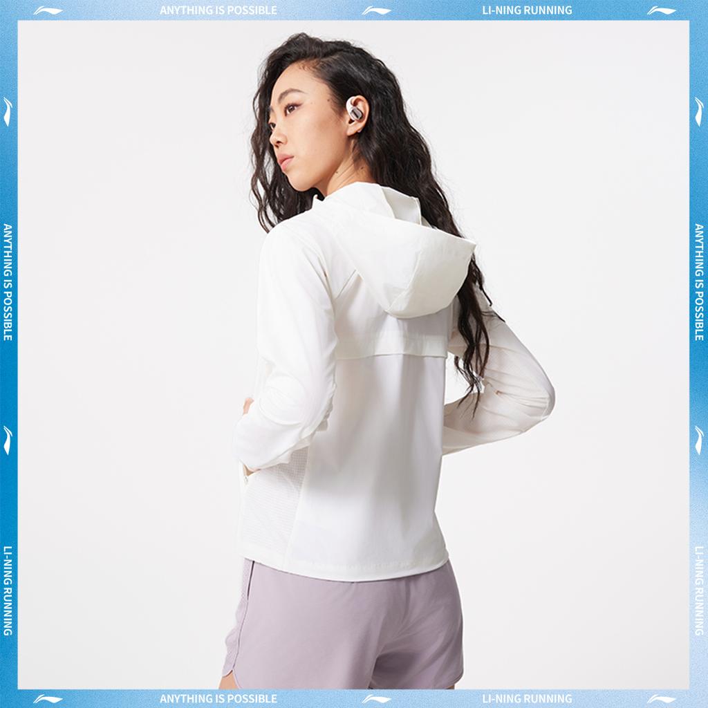 Li Ning Running Series Sports Casual Minimalist Solid Color Mirror Sun Protection Jacket Hooded Zipper Coat Women Jacket Champagne-White AFDV252-1