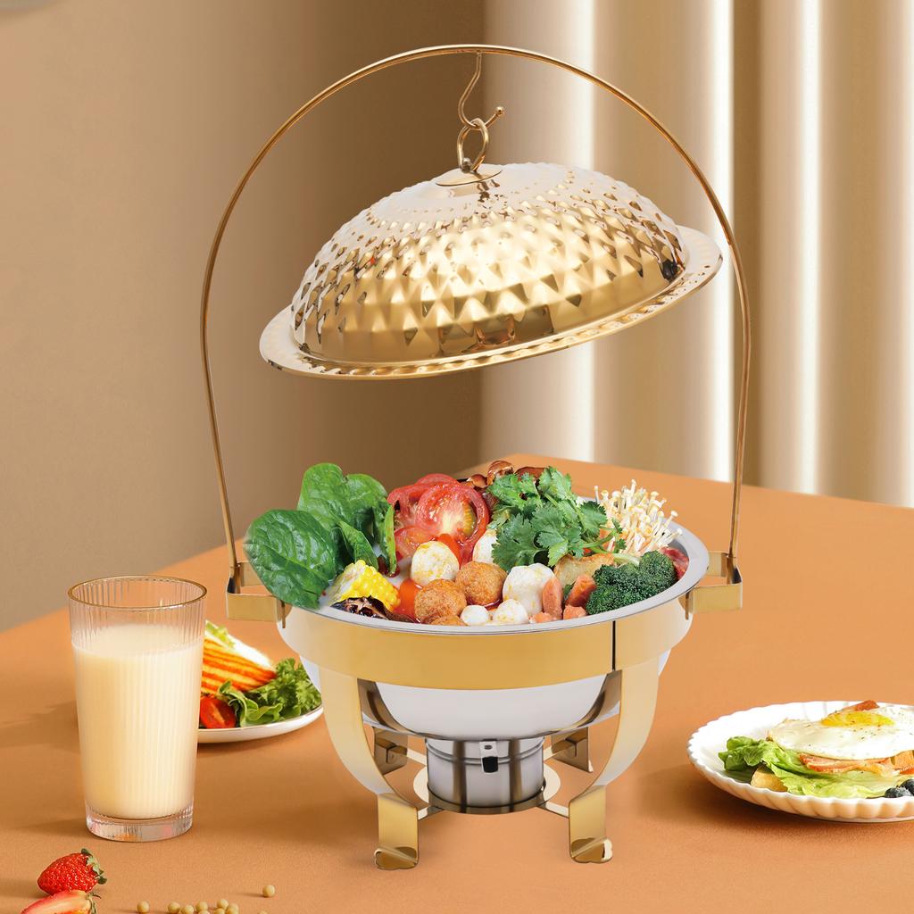 Elegant Gold Accent Chafing Dish Set, 4.5L Round Stainless Steel Buffet Warmer with Lid, Catering Serving Chafer for Wedding