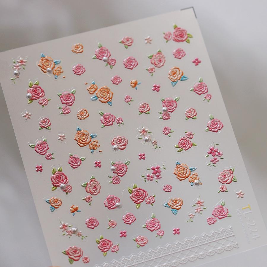 Cherry Blossom Pink Flower Sakura Spring 5D Nail Art Sticker Gold Stamping Soft Adhesive Relief Adhesive Chic Manicure Decals