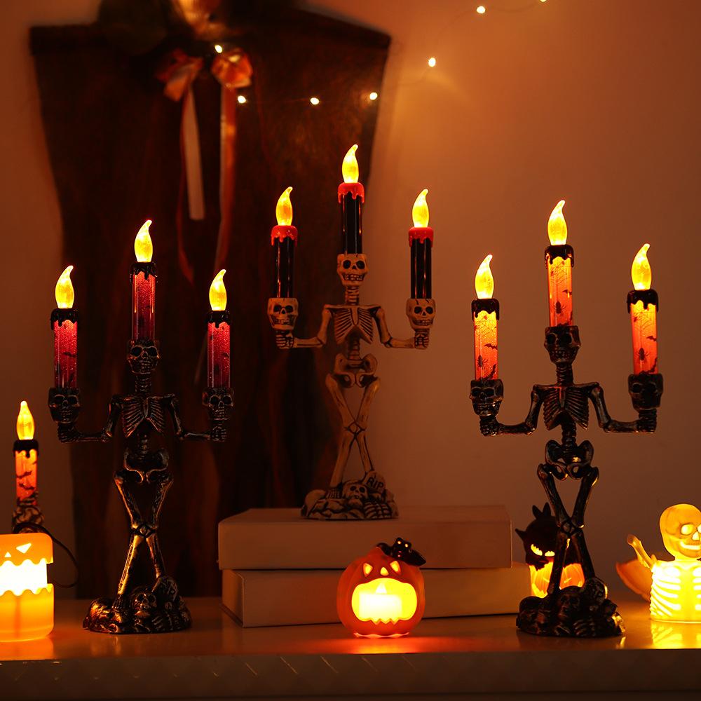 Halloween Decor Candles Battery Operated LED Skull Flickering Candles Spooky Halloween Candlesticks Light Home Decoration For