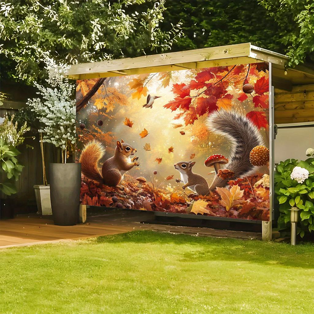1 Tranquil Autumn Forest Hideaway Background Banner - Vibrant Autumn Scene of Fallen Leaves  Squirrels  Mushrooms and Chestnuts