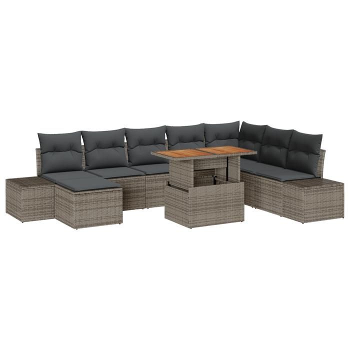 VidaXL Ensemble de Salle à Manger de Jardin en 9 Pièces avec Coussins en Rattan Gris et Acacia 3349999