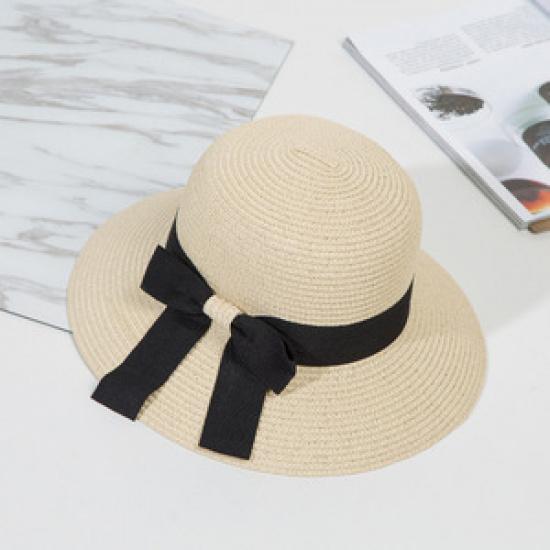 Women's Korean-style straw hat with large brim and bow, face-shading sun hat for outdoor beach use, UV protection, sun-proof straw fisherman hat