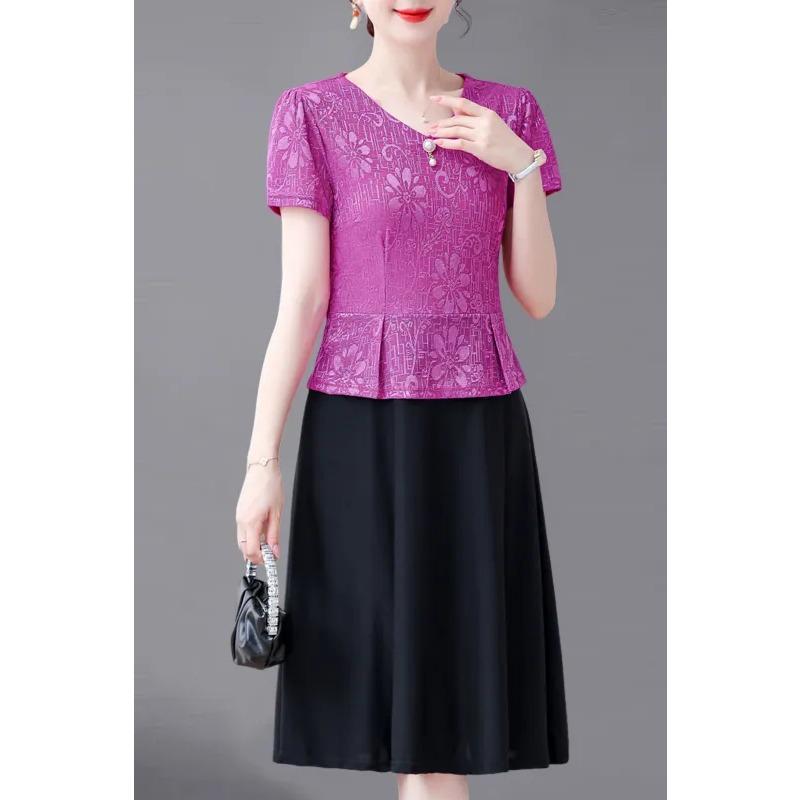 

Women s Purple and Black Two-Piece Dress Short Sleeve Jacquard Top A-Line Skirt Casual Elegant Outfit XL фіолетовий