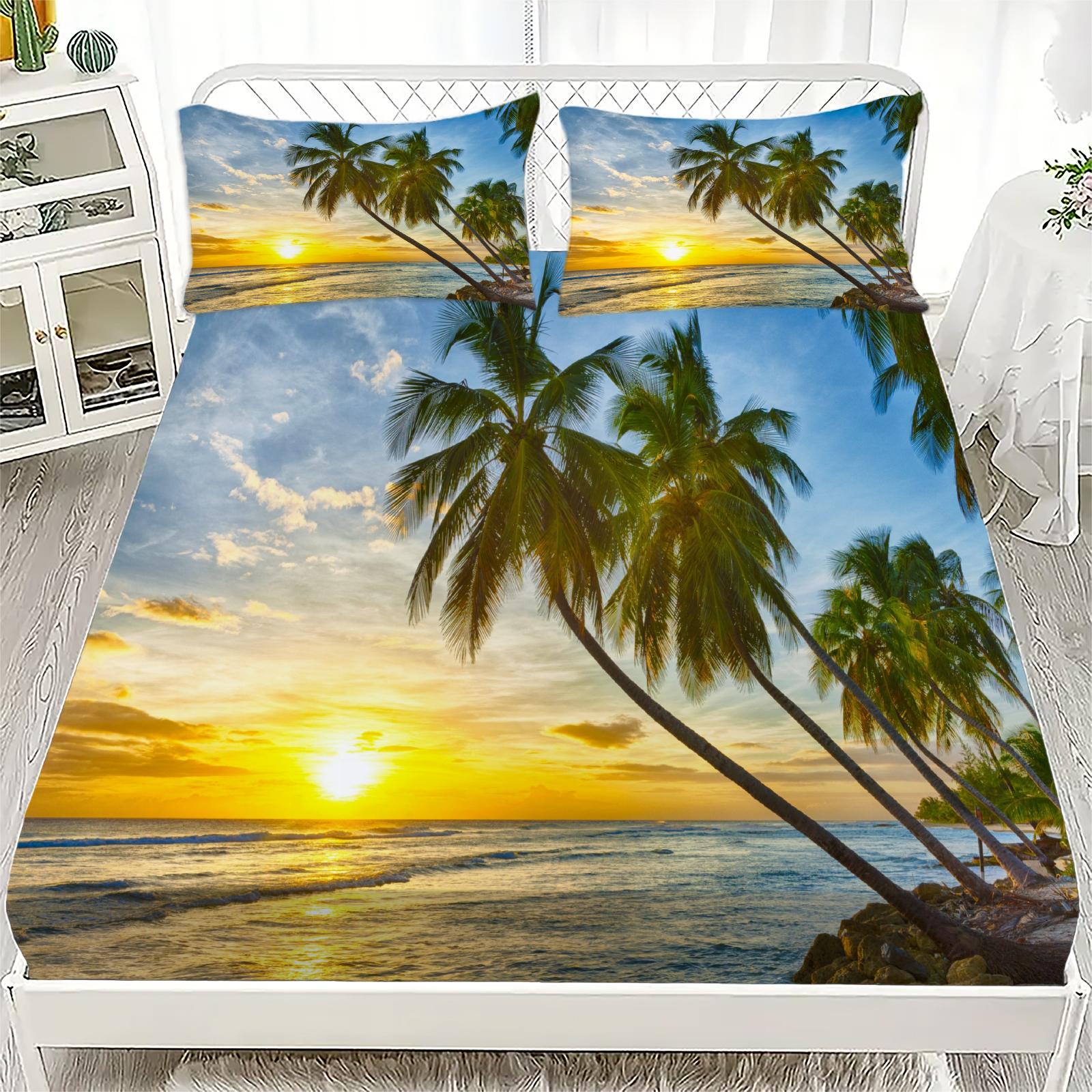 

Комплект простыней на резинке Стиль Кокосовые пальмы Мягкий Дышащий Комплект постельного белья Закат Закатное сияние Море Принтованные Наматрасники Отпуск 90x200cmx25