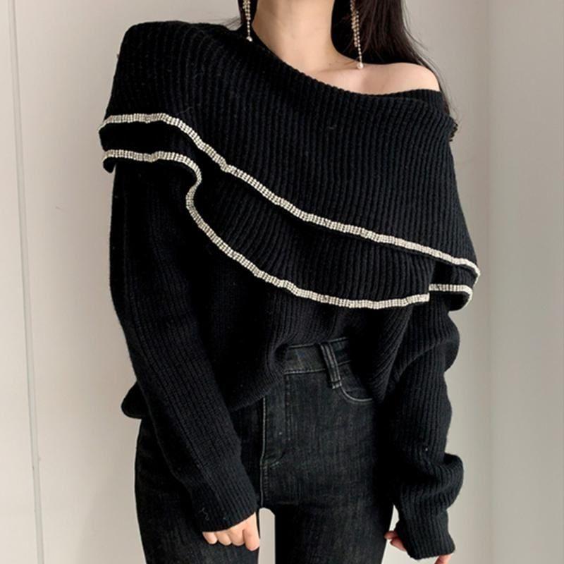 Fashion Trend French Retro Double-layer Ruffle Edge Off-the-shoulder Design Sense Long-sleeved Knitted Sweater Women's Trend