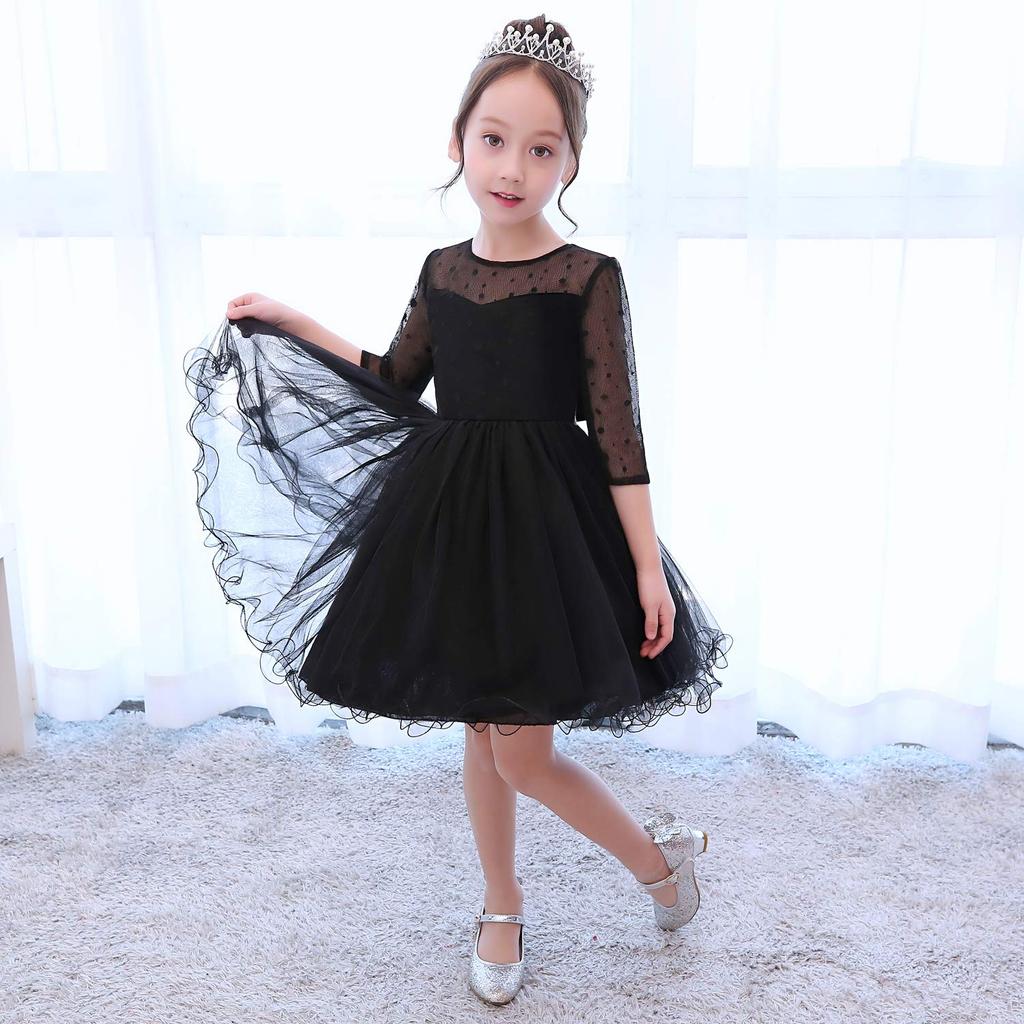 Weileenice Piano Recital Size Formal Soft Embroidered Lace Dress with Sleeves Children's Dress, Black, 110, Girls' Dress, Wedding, Shichi-Go-San,
