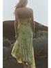 2025 Spring Women's Backless Print Draped Collar Spaghetti Strap Midi Dress