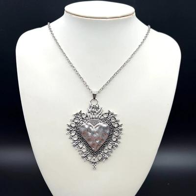 Sacred Flaming Hearts, Sacred Flaming Corazon, Ex-Votos Hearts, Mexican Milagros Necklace,Burning Heart Necklace,Gothic Jewelry,