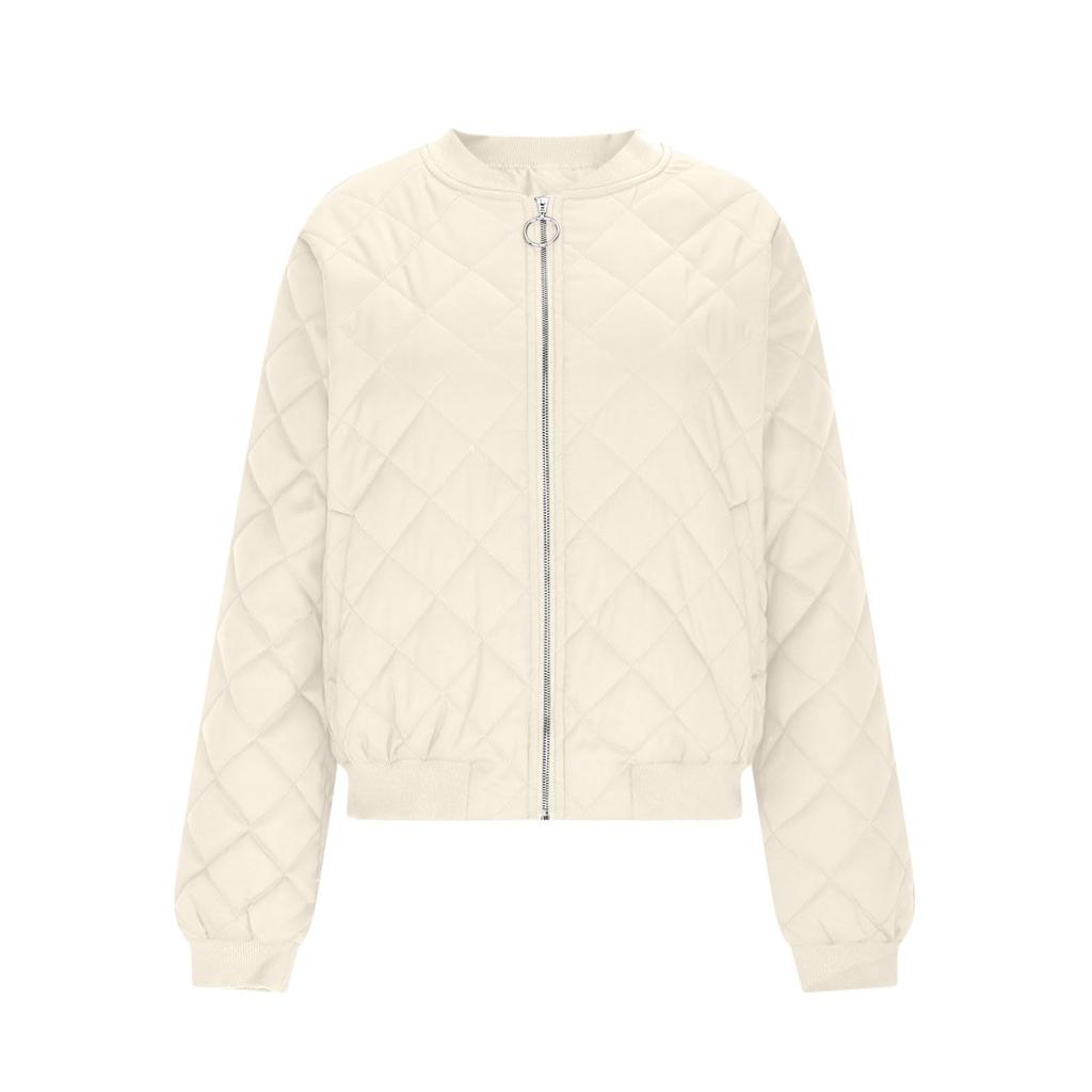 Ladies Zipper Long Sleeve Stand Collar Check Slim Baseball Padded Top Blouse Jacket Coat