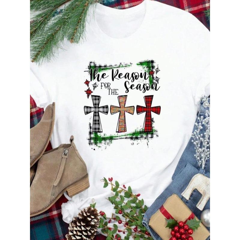 (European Size) New Year Holiday Lovely Trend 90s Tee Merry Christmas Top Festival Casual Women Print Lady Short Sleeve Fashion Graphic T-shirts