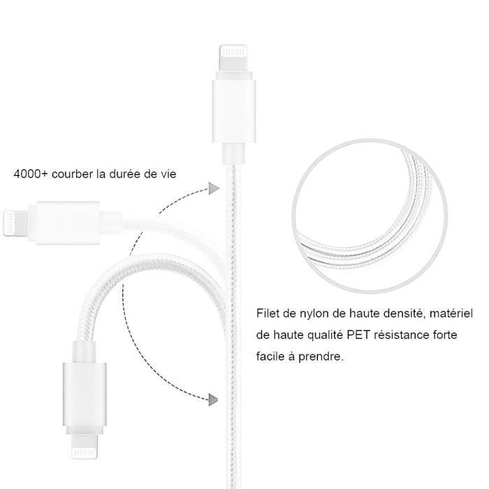Câble pour téléphone mobile - Compatible iPhone - 2M - Nylon Blanc - USB - Multi-modèles